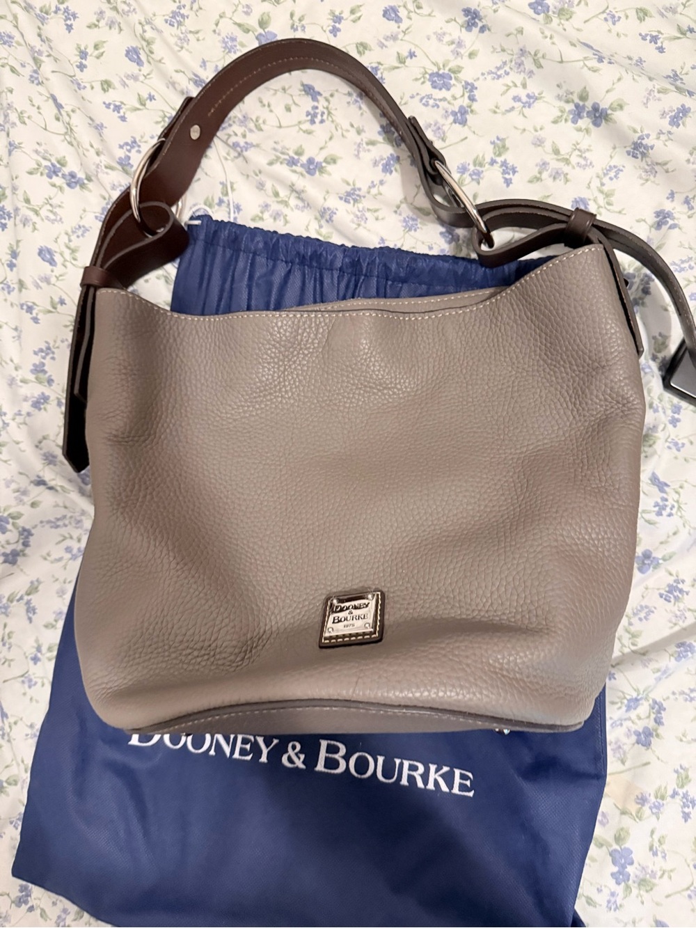 Dooney & Bourke Taupe grey Pebbled Leather Shoulder Bag with Dark Brown Strap